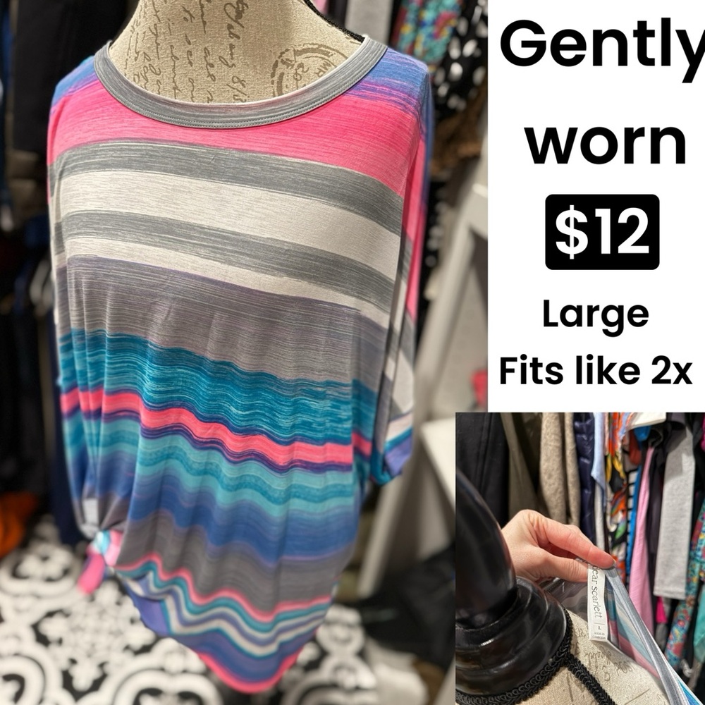 Striped Scoop-Neck Women's Top in Pink, Blue & Gray